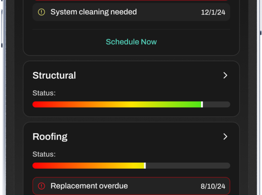 Dashboard view of MyHome's 'Carfax for your home' platform showcasing home management features.